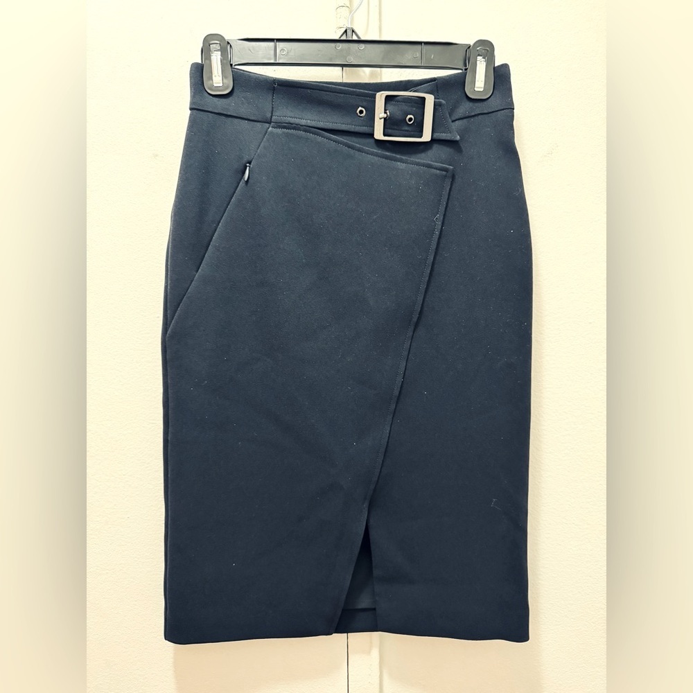 Tahari Women's Navy Blue Faux Wrap Belted Pencil Skirt size 0
